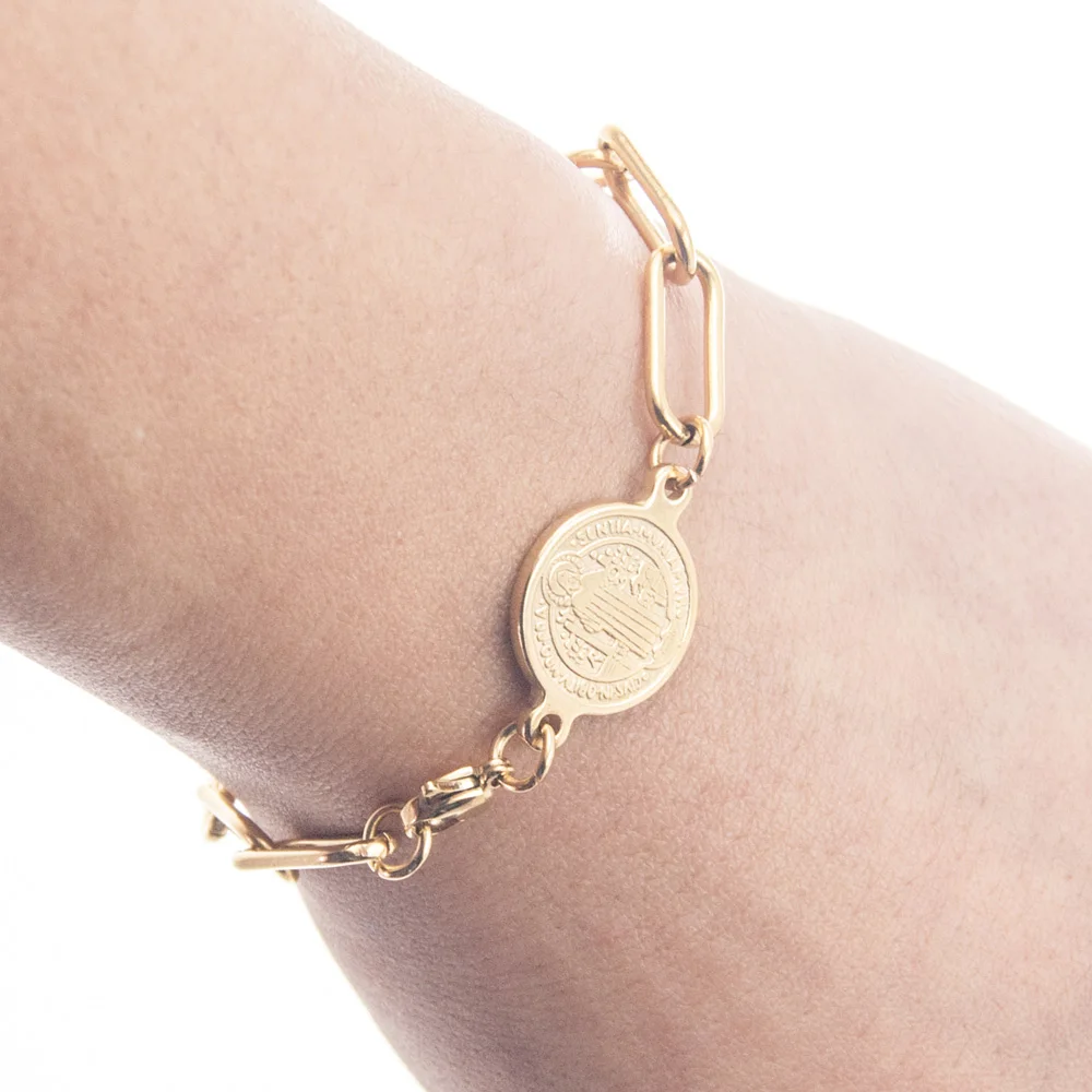

Silver Color /Golden Stainless Steel St Benedict Medal Bracelet For Women Men Metal San Benito Metal Lock Chain Bohemia Bracelet