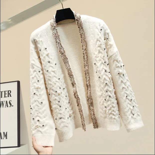 Женский вязаный кардиган с жемчужинами теплый плотный бусинами пальто для