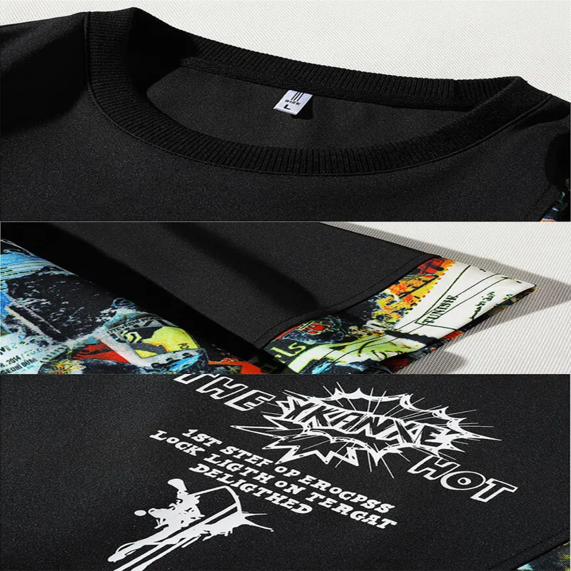 

HLM 2021 Men's Summer Print Patchwork Trendy Plus Size Loose Tshirt Korean Short-sleeved Streetwear Oversize Tops Tees Black