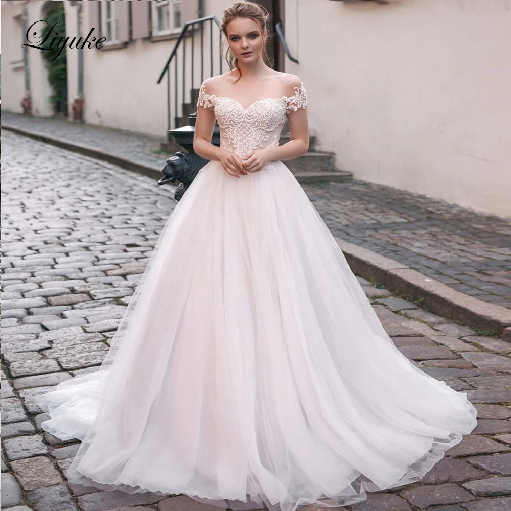 

Свадебное платье-трапеция цвета слоновой кости Liyuke с великолепной кружевной застежкой-молнией сзади