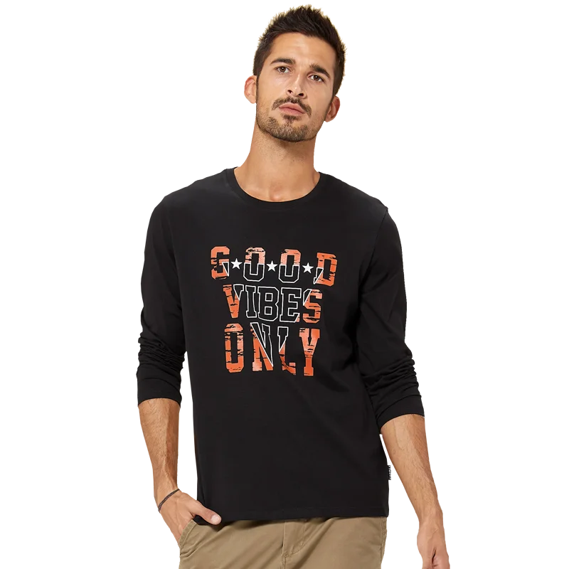 

KUEGOU 100% Cotton T-shirt men autumn Letter printing tshirt fashion Men's t shirt long sleeve Black top plus size ZT-88073