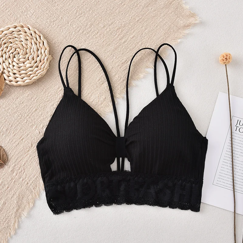 Черный Женский кружевной топ, сексуальный бюстгальтер, укороченный топ, женский кружевной бюстгальтер, хлопковый бюстгальтер, Женский Топ, бесшовное нижнее белье - Цвет: Черный