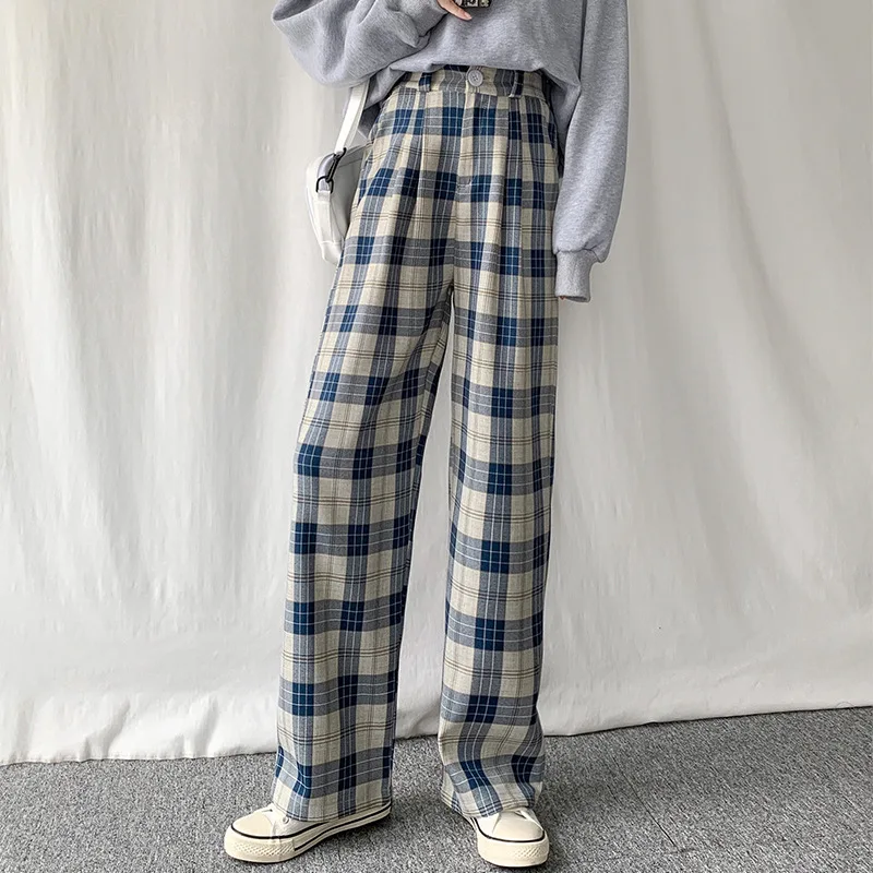 

Plaid Pants Women's Casual Chic Oversize High Waist Loose Wide Leg Pants Korean Retro Harajuku Hip Hop All with Casual Pants