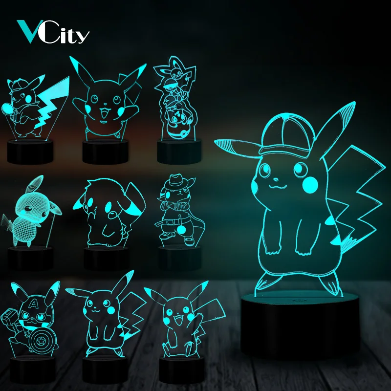 VCity 3D Ночная серия Покемон Пикачу светодиодный светильник домашняя спальня атмосферное освещение Декор акриловая пластина Сенсорное Дистанционное черное основание