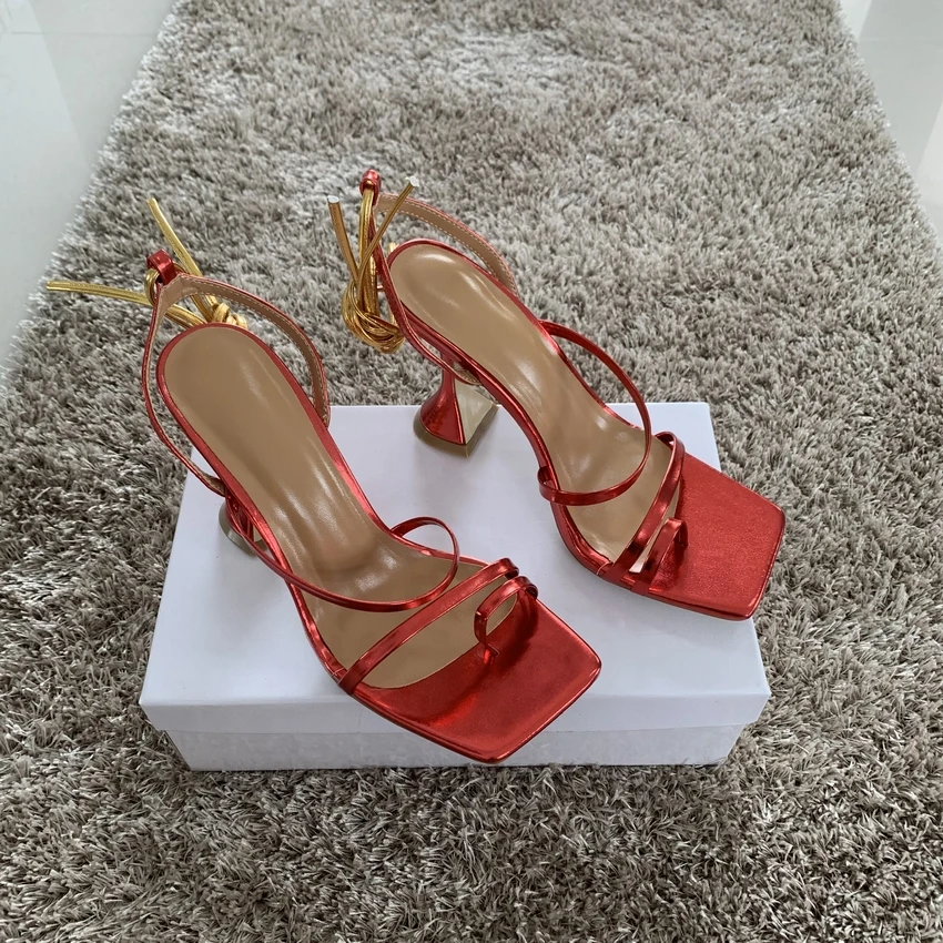 

2021 Womens Summer Sandals Square Head Sexy Peep Toe Sandals Ankle Cross Lace-Up Stiletto High Heels Ladies Wedding Party Shoes