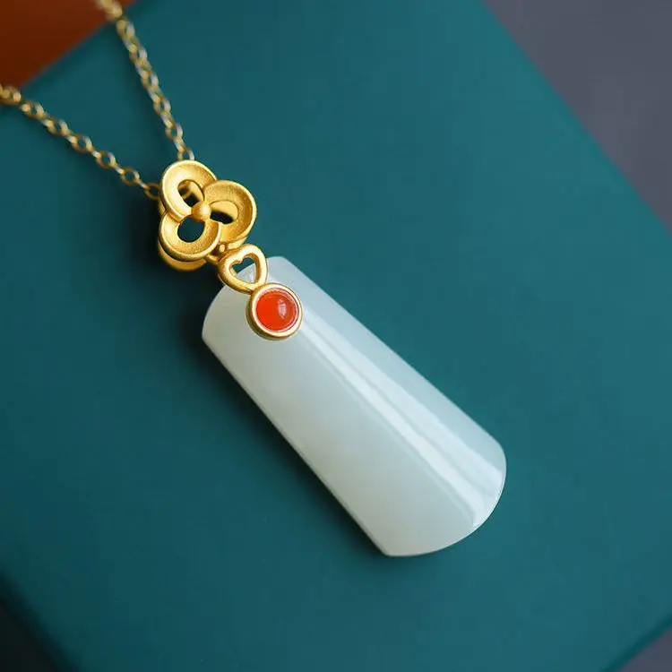 

Natural Hetian Jade Long Board Tranquility and Peace Plate Pendant Women's Small Jade South Red Embellished Pendant Necklace Wo