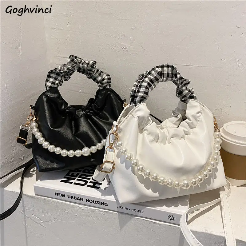 

Top-handle Bags Women Beading Pearls Lady Temperament Cross Body Pleated Handbags PU Leather Ins Shoulder Flap Bag Hasp Texture