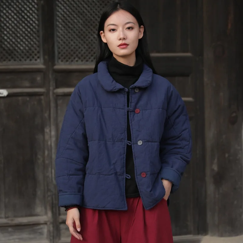 

Зимняя женская куртка 2020, теплые хлопковые льняные пальто в стиле ретро, однотонные куртки с лацканами, однобортная короткая одежда с хлопк...