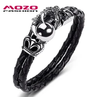 double layer leather bracelet fashion jewelry black stainless steel dragon claw beads punk charm men bangles
