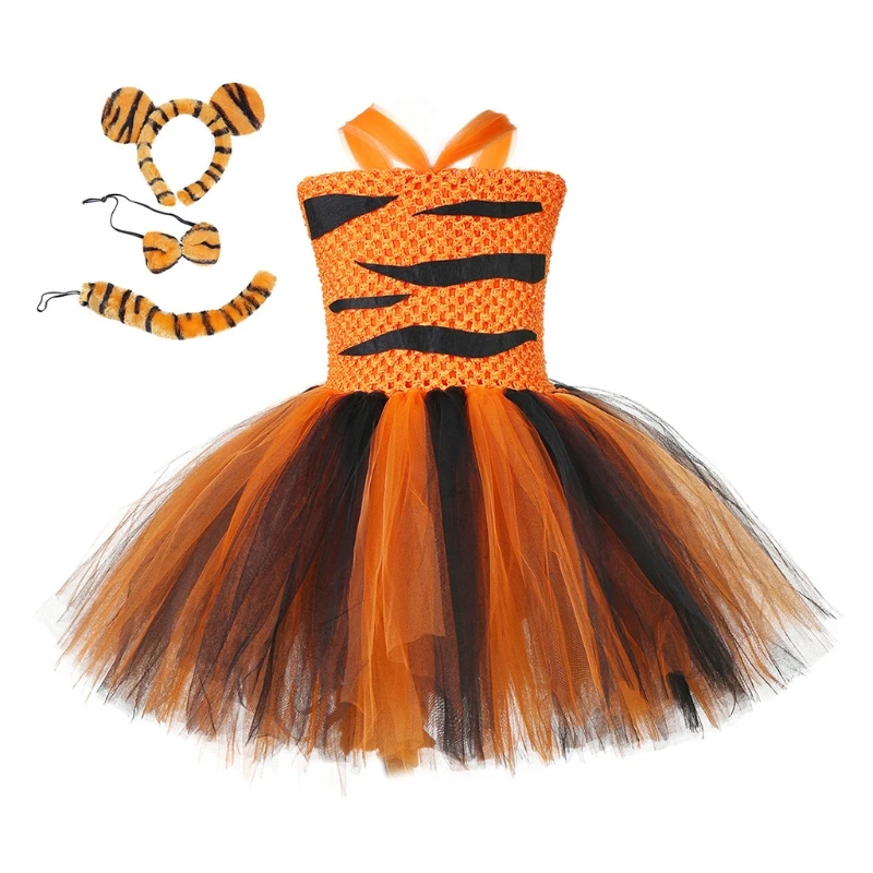 

4pcs Kids Girls Animal Costume Set Tutu Dress Tiger Ears Headband Tail Bow Tie 40JC