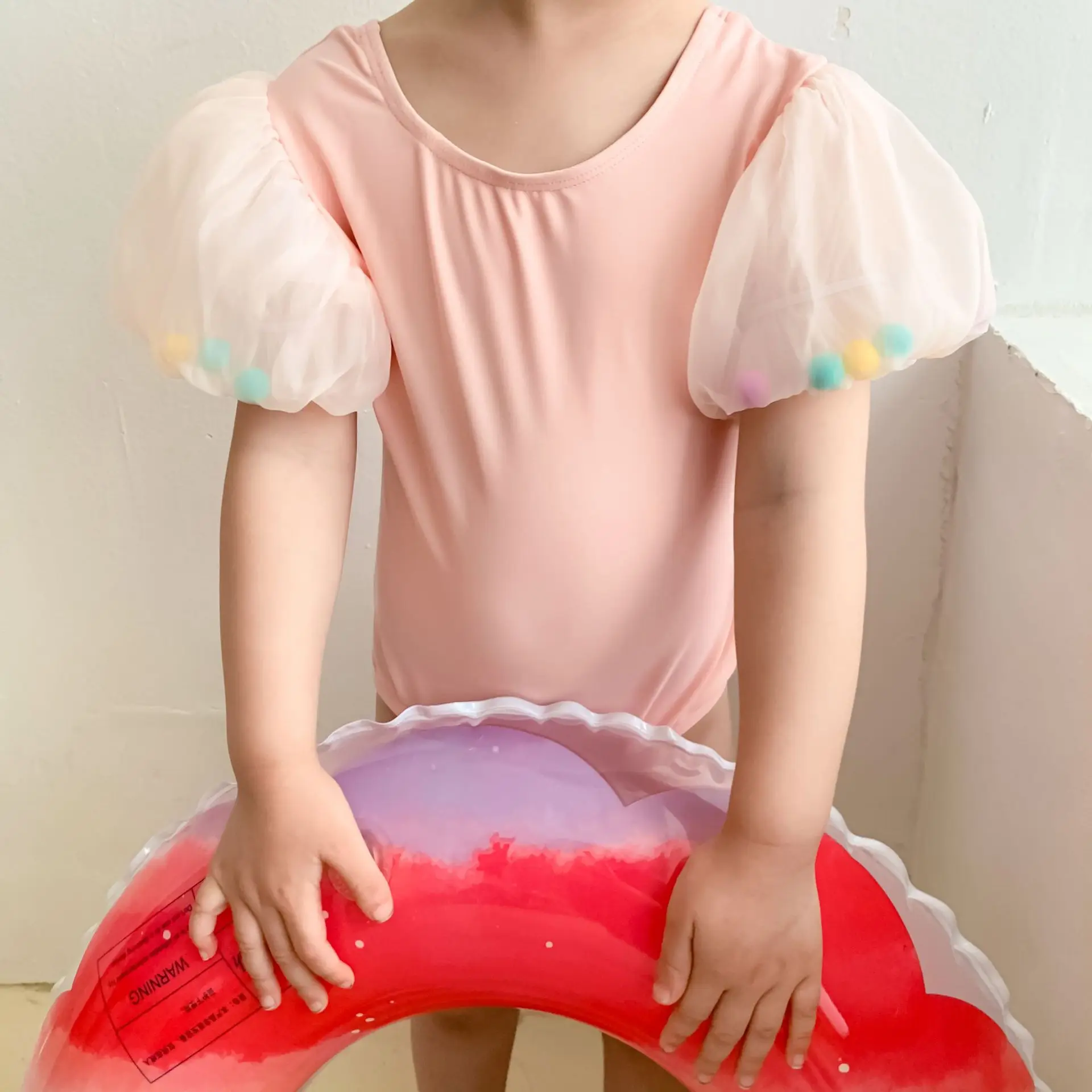 

Summer New Girls Swimsuit Children's Girl Puff Sleeve Solid Swimsuit Outfit Children Cute Princess Round Neck Swimwear Clothes