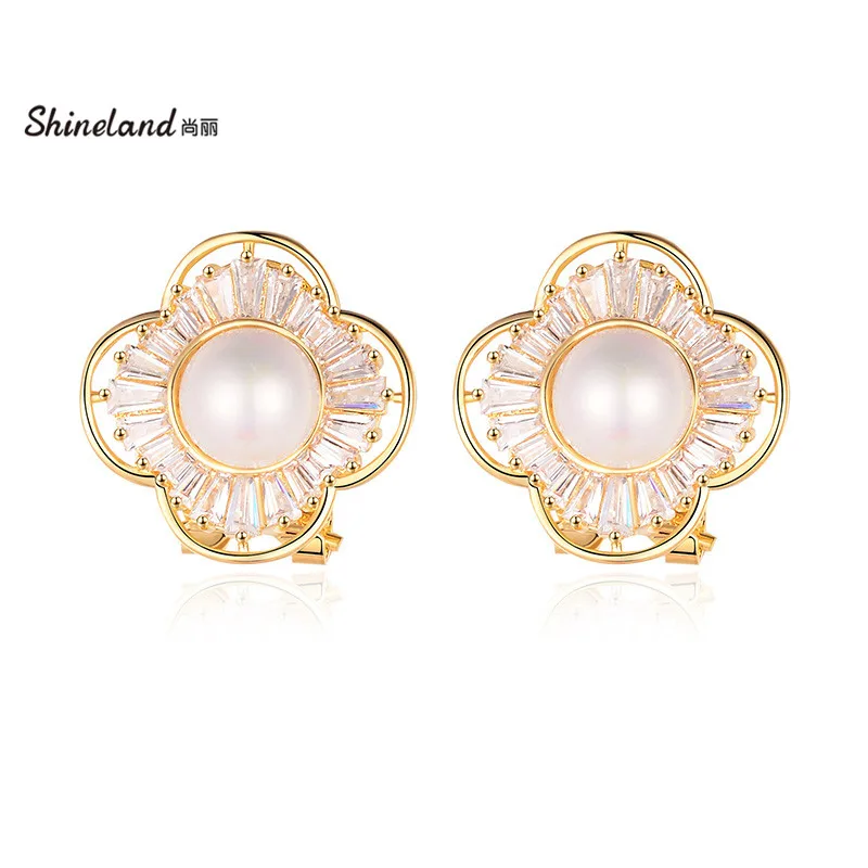 

Shineland Charm Flower Simulated Pearl Stud Earrings for Women Bling Crystal Wedding Brincos Bijoux Jewelry Accessories Gift