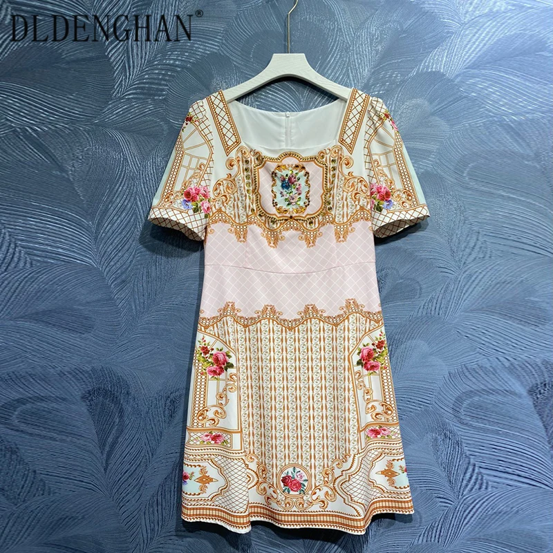 

DLDENGHAN, модное дизайнерское летнее платье с цветочным принтом, женские винтажные платья с квадратным вырезом и коротким рукавом и бисером