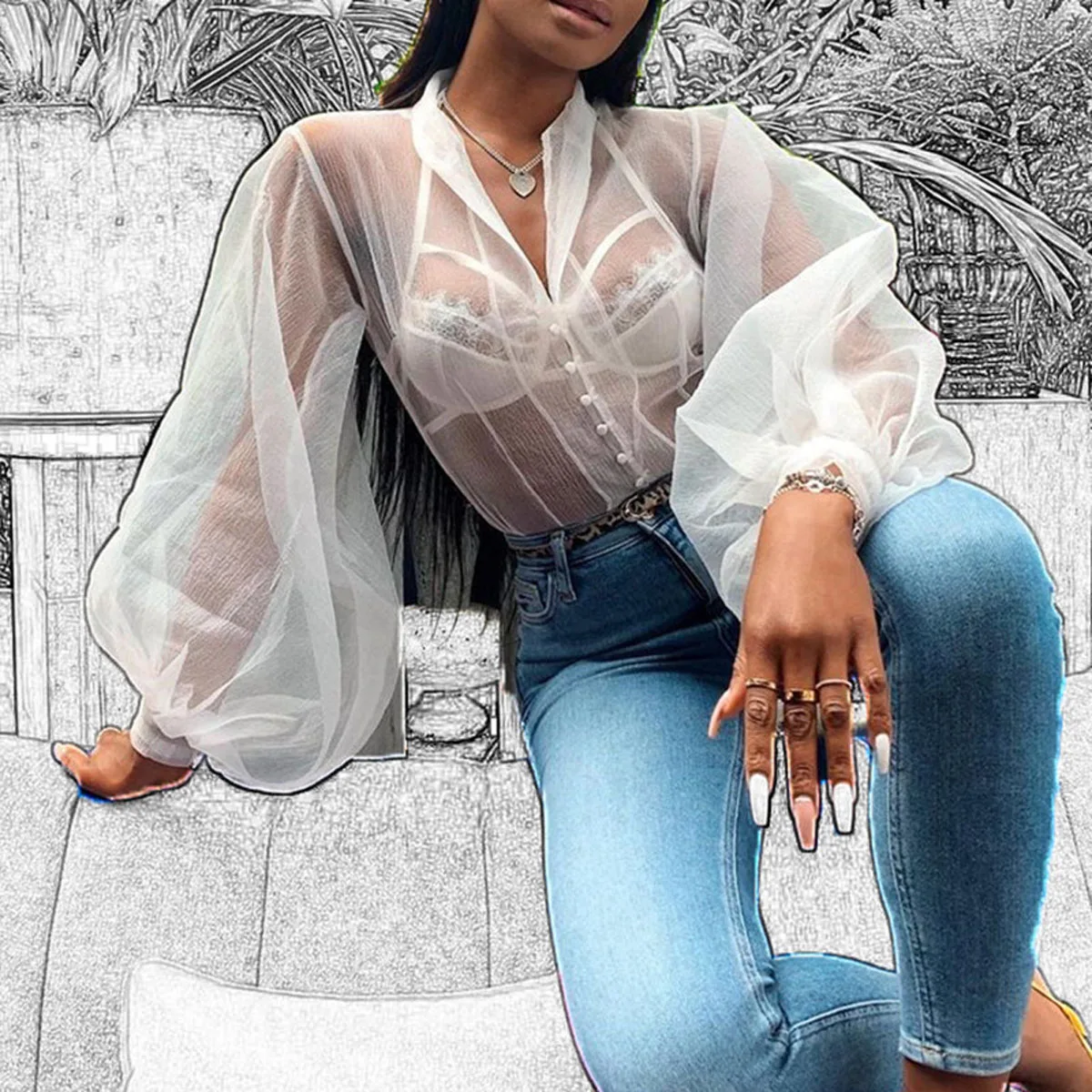 

Sexy Women See-through Sheer Mesh Causal Blouse Puff Long Sleeve Shirt Top Fashion Women Work Shirt