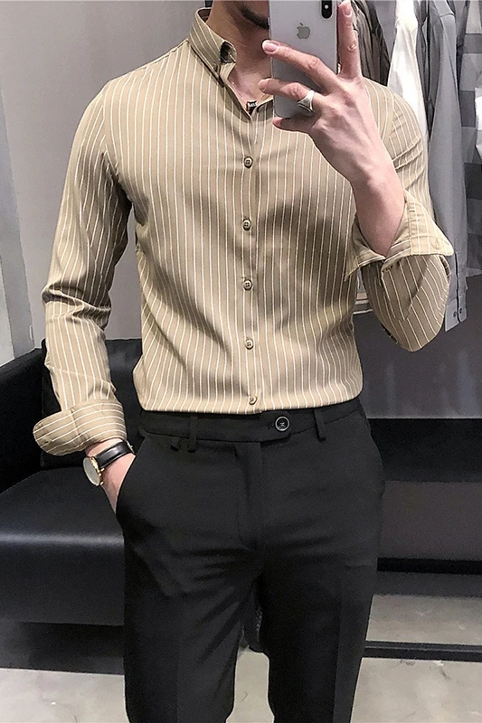 

Business 2021 Men Casual Shirt Long Sleeve Slim Fit Social Formal Dress Shirts Streetwear Work Office Male Clothes Chemise Homme