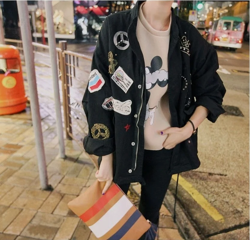 

2021 Women Cotton Jacket Coat Casual Bomber jacket Embroidery Applique Rivets Oversize Army Green