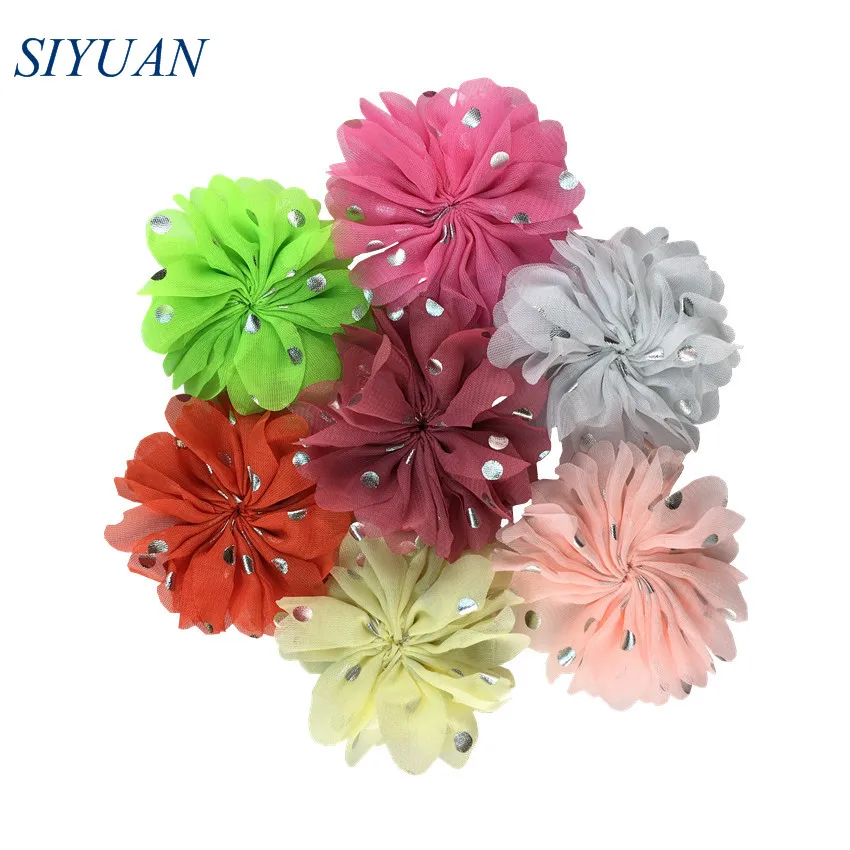 10 шт./лот 8 см Серебряный горошек Шифоновый Цветок с зажимом для волос плоской