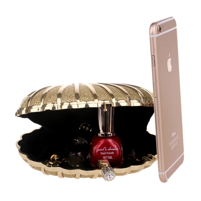 Fashion Shell Design Women Evening Bag Hollow Out Metal Diamonds Mixed Day Clutch with Chain Shoulder Purse Party Date Club | Багаж и
