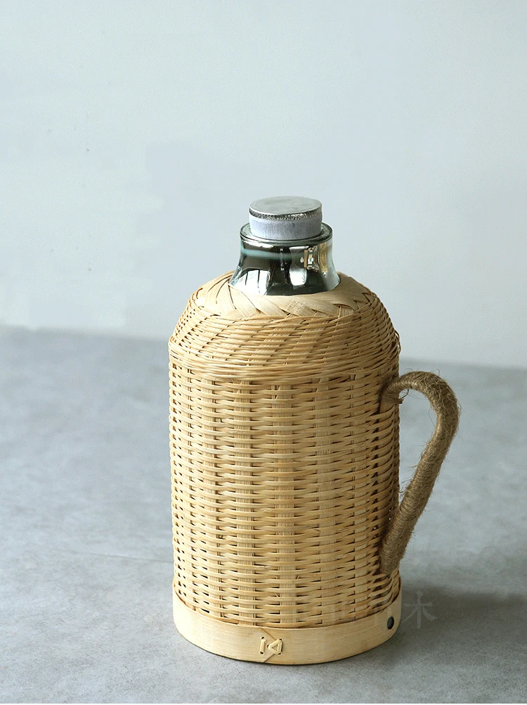 Handmade Bamboo Weaving Thermos Pot Bottle For Water With Cork Lid Cover And Handgrip Vacuum Flask Keep Warm Glass Inner Large