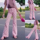 Брюки женские в горошек, с высокой талией, свободные, розовые, в стиле Харадзюку, принт красное сердце