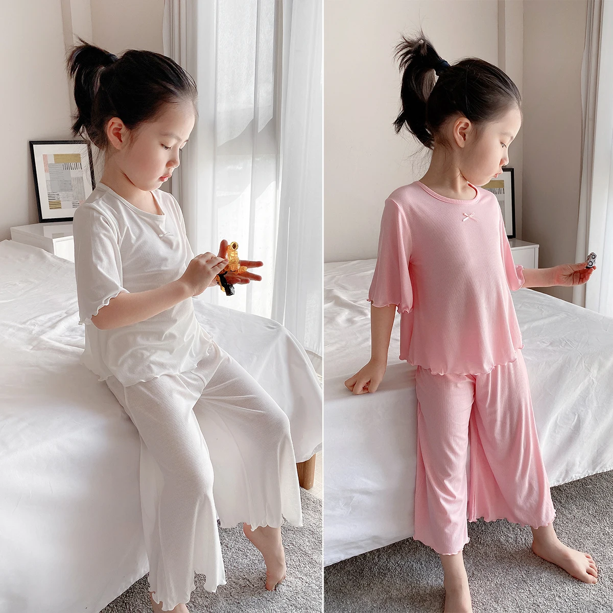

Children Modal Rib Suit Girls Half Sleeve Culottes Tracksuit Summer New kids pajamas