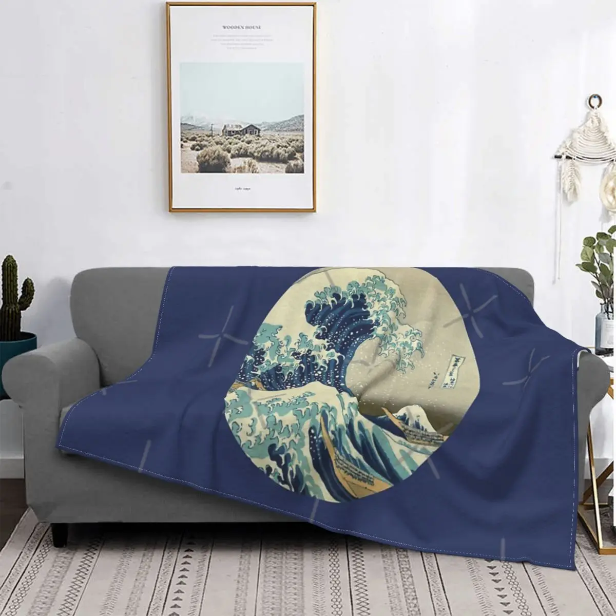 Gran ola de Kanagawa, colcha circular, cama, sofá a cuadros, manta a cuadros, colchas de verano