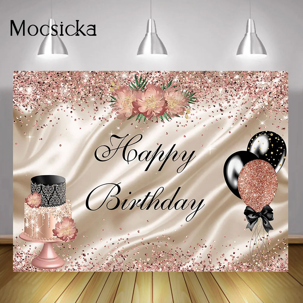 

Happy Birthday Backdrop Woman Girl Rose Gold Glitter Diamond Birthday Cake Table Background Flowers Shiny Balloons Decorations