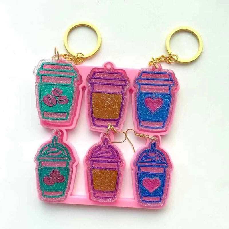 

R58E 6 Coffee Cups Keychain Epoxy Resin Mold Earrings Pendant Casting Silicone Mould DIY Crafts Jewelry Casting Tool