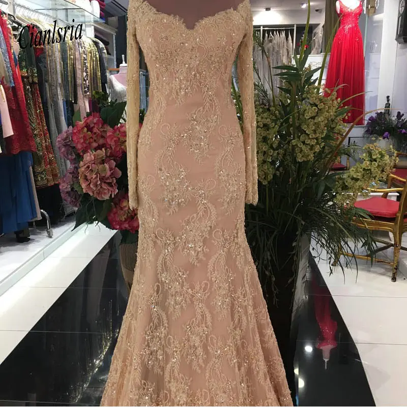 Arabic Luxurious Mermaid Lace Prom Dresses Sheer Neck Long Sleeves Beaded Mother Of Groom Sexy Evening Gown | Свадьбы и торжества