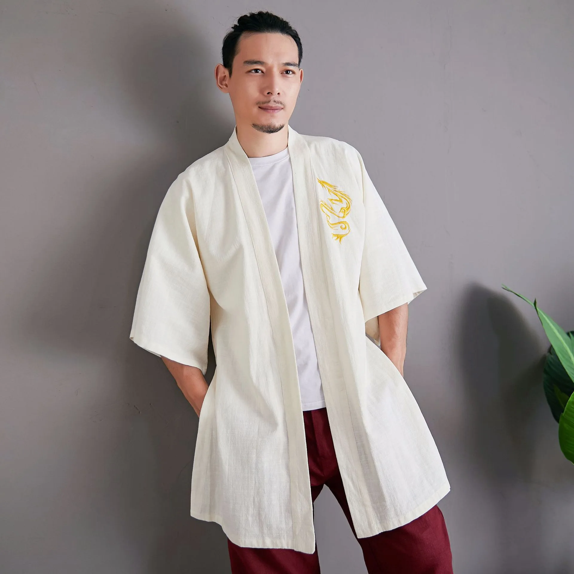 Мужские хлопковые льняные куртки Hanfu в китайском стиле костюм с вышивкой дракона