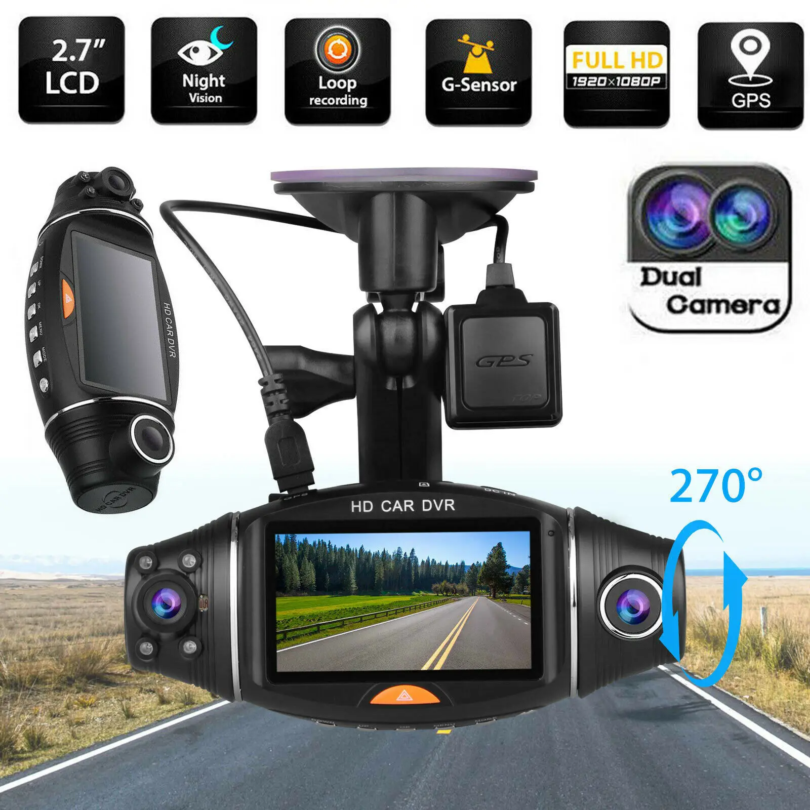 Автомобильный видеорегистратор с двумя объективами Full HD 1080P 2 7 дюйма GPS камера