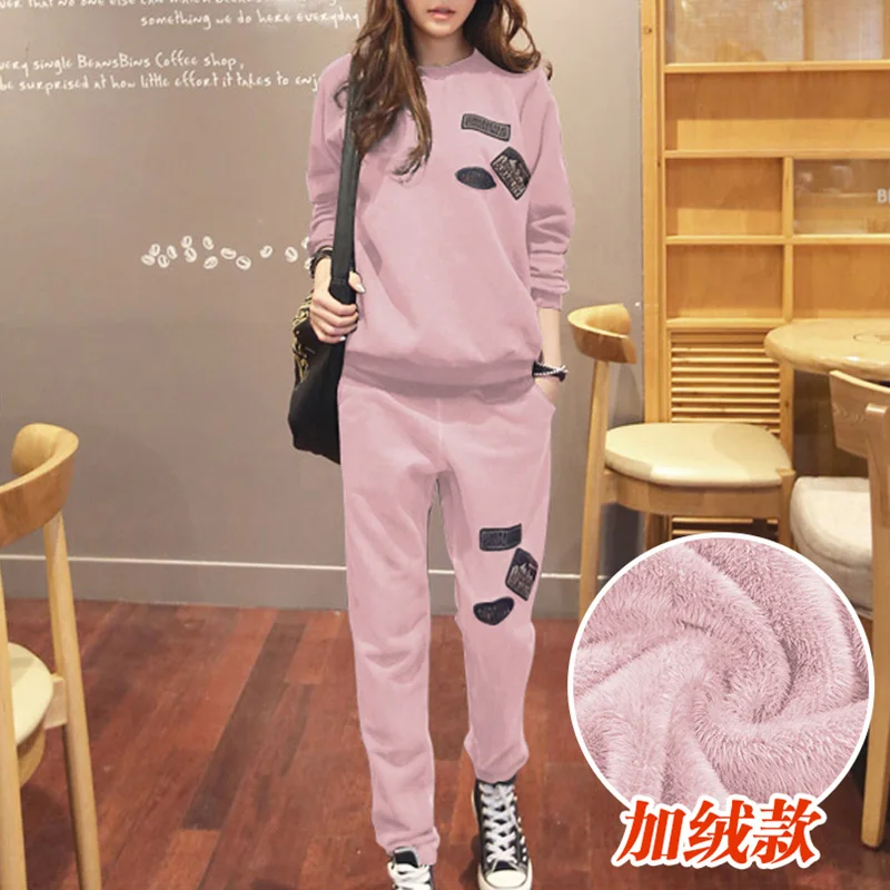 Pink Winter S-6XL, женская спортивная одежда, спортивные костюмы, весна, осень, зима, повседневные, плюс бархат, Толстая Толстовка+ штаны, комплекты для женщин размера плюс - Цвет: Pink Winter