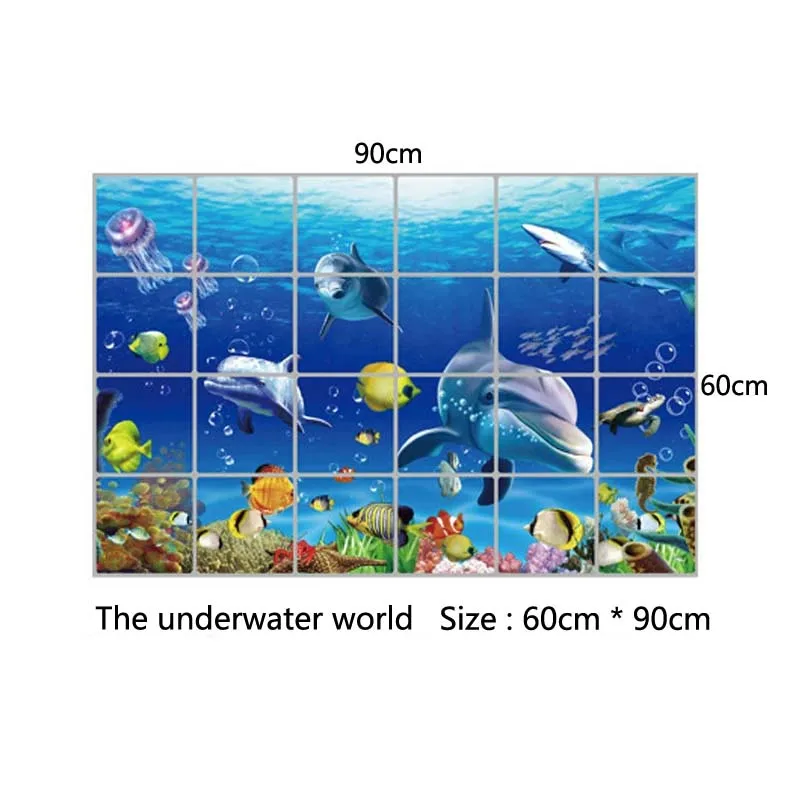 

The Underwater World 3D Wall Stickers Kitchen Home Decor Anti-oil Waterproof Decals Kids Room Bedroom Wallpaper PVC