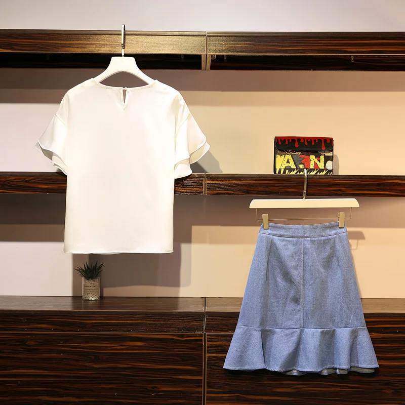 Лето 2019 большой размер женский толстый мм модный топ с принтом + джинсовая юбка