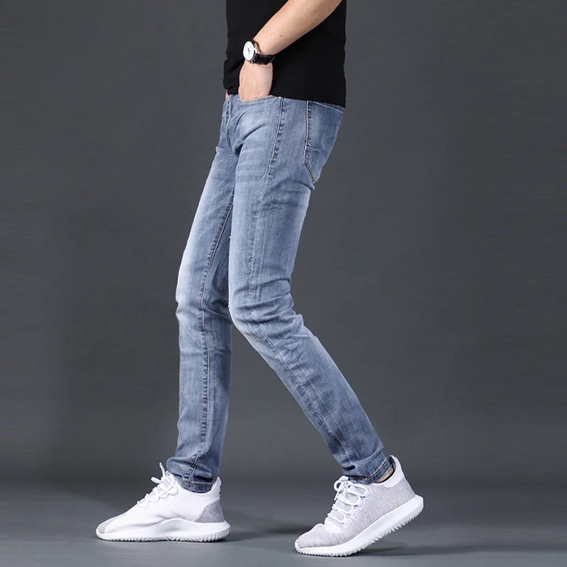 Summer Light Blue Jeans Men Casual Slim Fit Pencil Pants Thin Ripped Denim Trousers