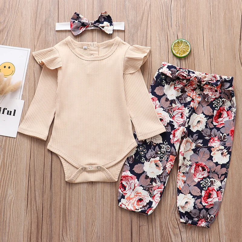 

Newborn Infant Baby Girl Clothes Set Fashion Solid Color Romper Flower Print 3Pcs Tops Bodysuit Pants Headband Toddler Clothing