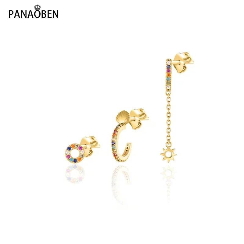 

PANAOBEN Colorful 3pcs/Set Star Round Geometry Crystals Stud Earrings for Women Earrings Piercing Silver 925 Jewelry Pendientes