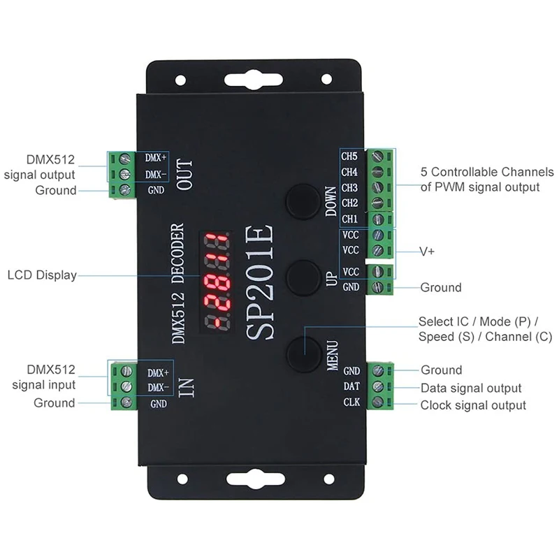 

SP201E DMX512 WS2812B WS2811 DMX to SPI Controller Decoder,Support Multiple ICs