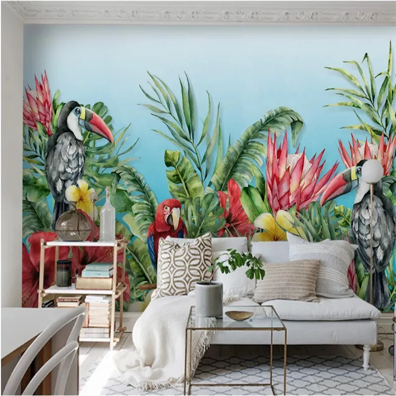 Скандинавская ручная роспись средневековые тропические растения цветы и Тукан