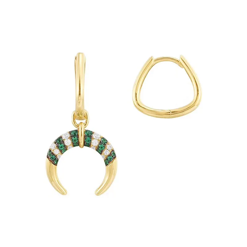 New 925 Sterling Silver Yellow Gold Color Asymmetric Green and White Zircon Stripes Tribal Crescent Moon AB Earrings for Women | Украшения