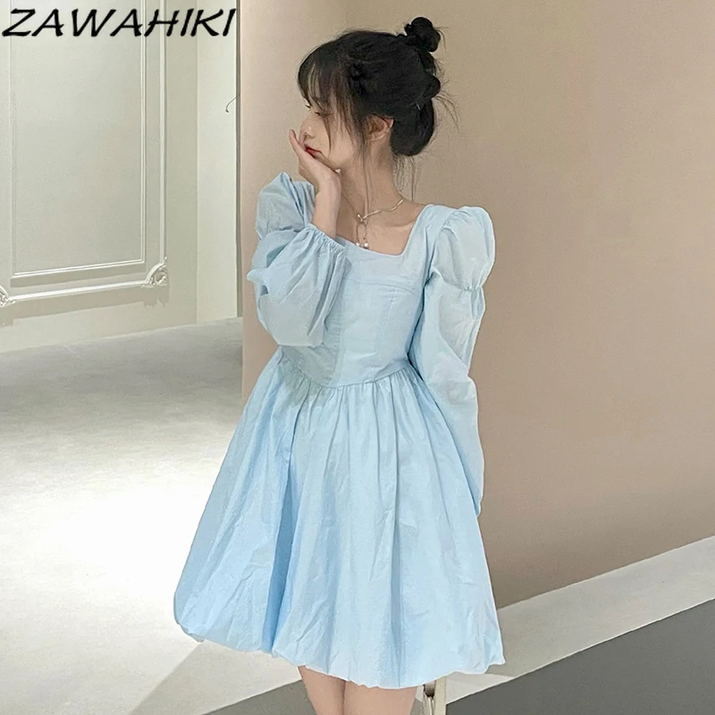 

ZAWAHIKI Sweet Blue Long Puff Sleeve Dresses Women Spring Autumn New French Style Square Collar Solid A Line Mini Femme Robe