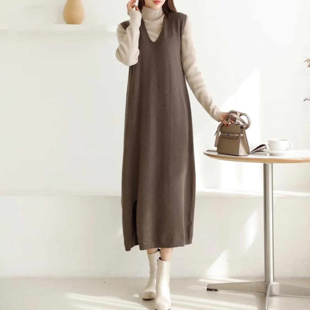 

2021 Korean Fashion Womens Dress Solid Color Casual Simplicity Autumn Winter New Loose V-neck Sleeveless Knitting Vest Dress
