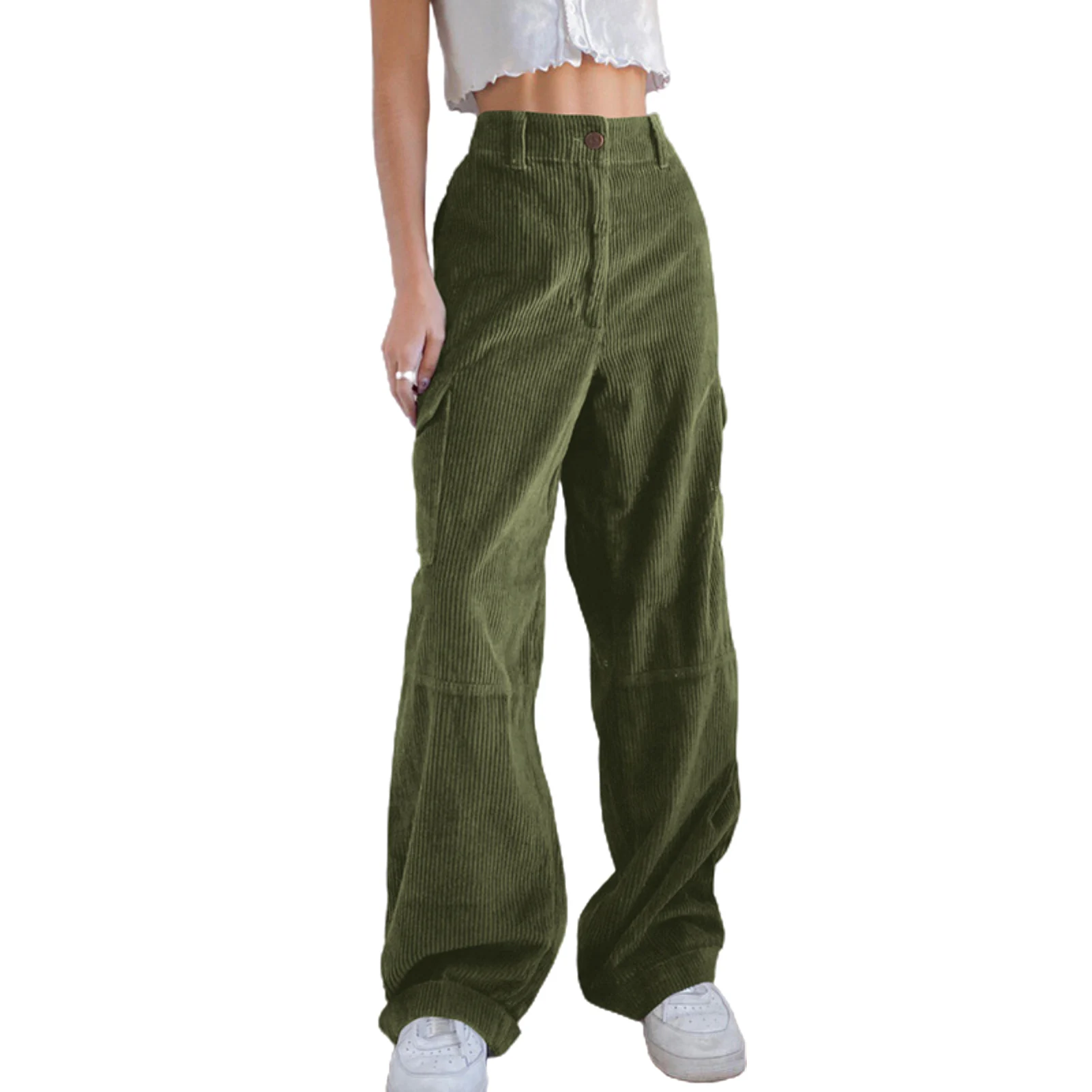 

Women Solid Color High Waist Pockets Long Loose Straight Pants Corduroy Trousers Outswear women clothing Corduroy Pants