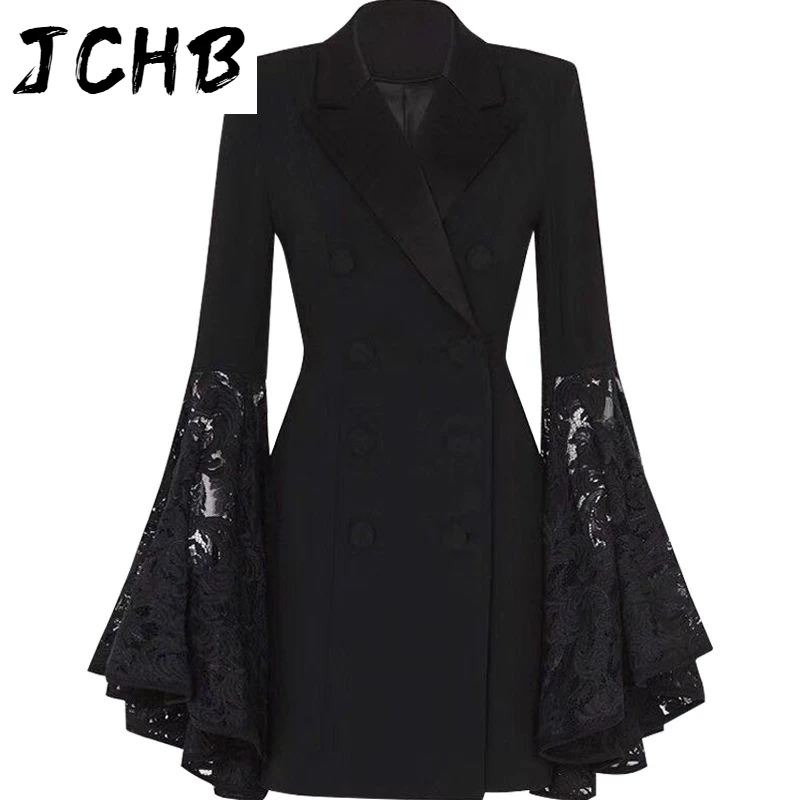 

JCHB 2021 new spring and winter notched flare lace patchwork sleeves slim high waist double breasted suit dress WN46601S