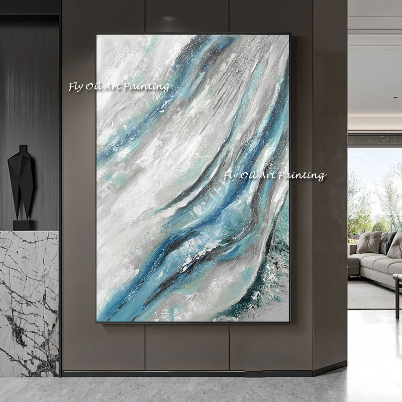 

The White Blue Brush Sea Waves Handmade Modern Oil Painting Abstract Corridor New Porch Wall Art Living Room Decor Frameless