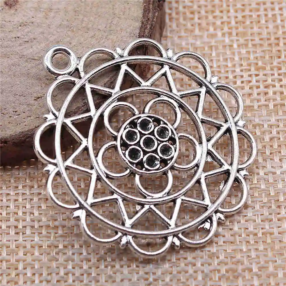 

Earring Charms For Jewelry Making 4pcs Round Hollow Flowers Charms 42x37mm Antique Silver Plated