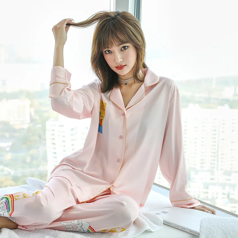 

Spring Long Sleeve Pajamas Set Women Satin Sleepwear Casual Loose Pijamas Suit Sexy Korean Home Clothes Silky 2pcs Shirt&Pant