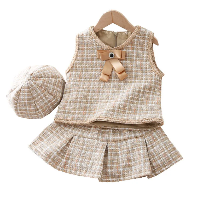2019 новый топ для маленьких девочек Модный комплект одежды клетчатый жилет куртка