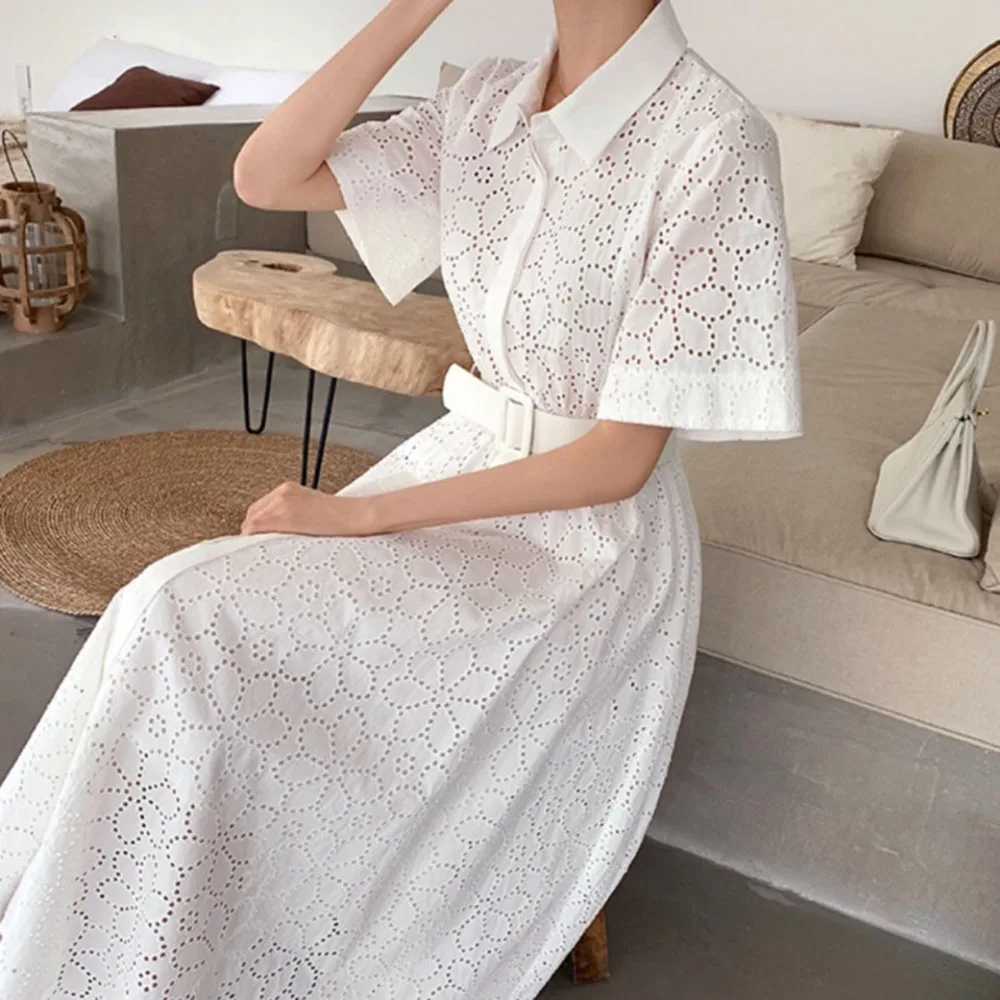 

2021 Temperament Elegant Hollow Out Hook Flower Lapel Solid Color Swing Summer Women's Dress High Waist Korean Fashion