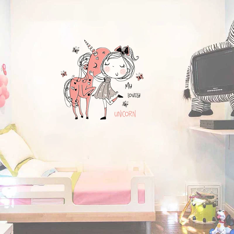

Наклейки на стену Three Ratels, искусство на заказ, розовые наклейки на стену с единорогом для детей, милая девушка для спальни
